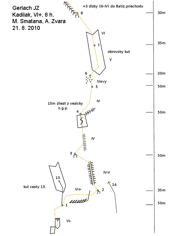 Schéma cesty:17. Kadilak (VI+) 8 hod.<br>