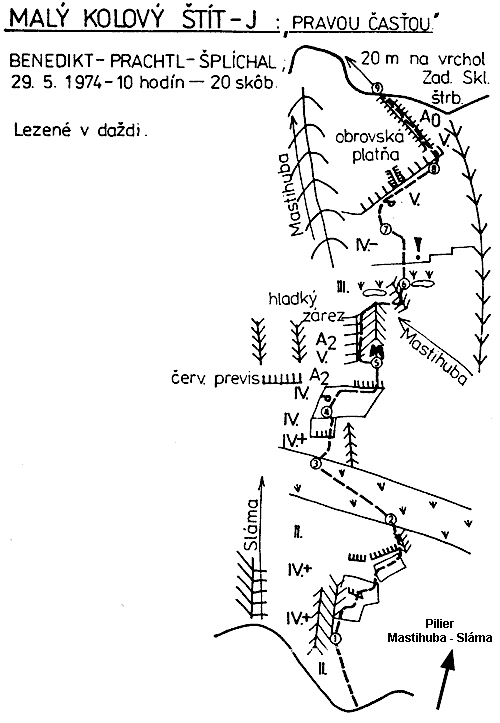 Route topo:5. Pravou časťou steny (V/A2, RP 7-) 10h.