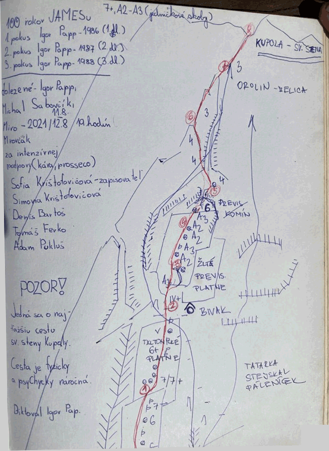 Schéma cesty:18. 100 rokov JAMESu (VII+/A2-A3) 19 hod.