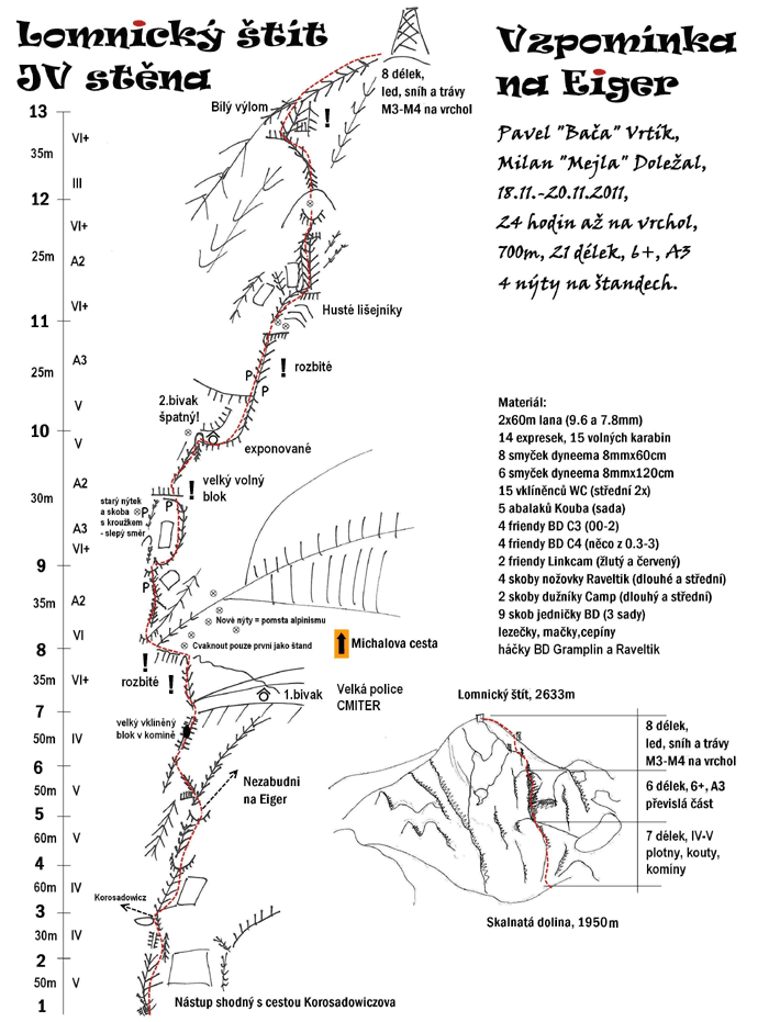 Schéma cesty:19. Vzpomínka na Eiger (6+,A3) 24h.