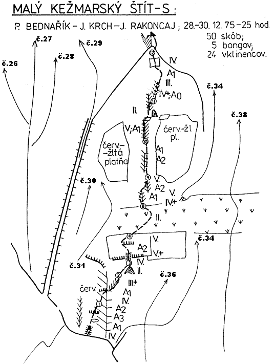 Route topo:33. Direttissima (V+,A3, RP:7+) 25h.