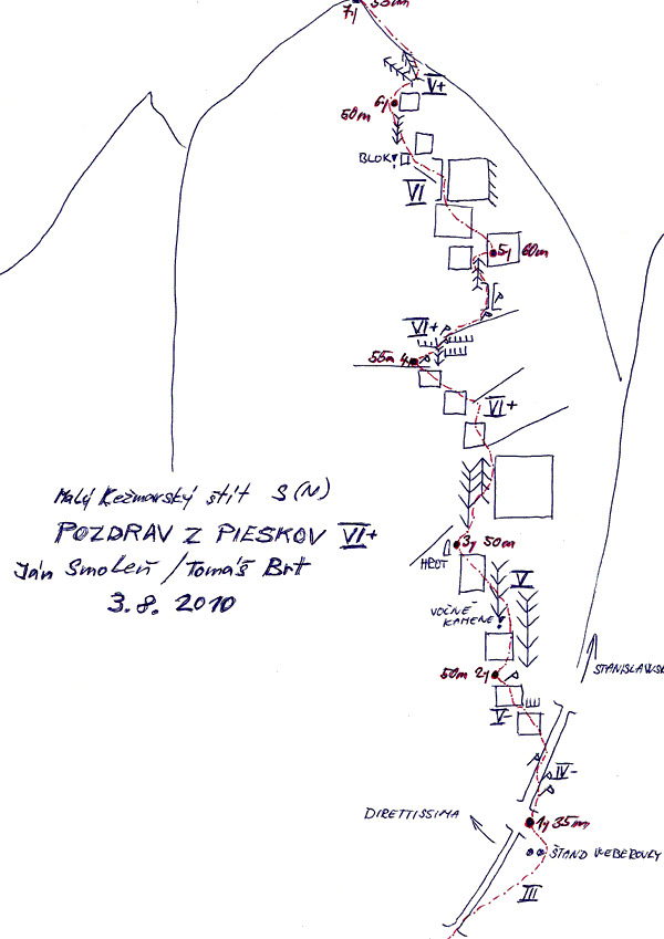 Route topo:54. Pozdrav z pieskov (OS, VI+) 7,5h.